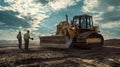 yellow tractor bulldozer on a plowed field with two workers. Royalty Free Stock Photo