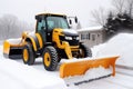 Yellow tractor cleans up snow from the road. Cleaning and removal of roads in the city from snow in winter after snowfall.