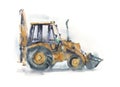 Yellow tractor excavator painted in watercolor