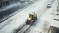 Yellow tractor working on dirty snowy street in the city. Snowplough cleaning the urban road, andremoving snow. Generative AI