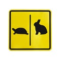 Yellow traffic label turtle and rabbit pictogram isolated