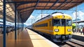 A yellow Train in Japan Railway station During summer. Generative AI