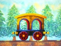 Yellow train retro cartoon watercolor painting travel in christmas pine tree forest illustration design hand drawing