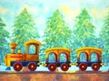 Yellow train retro cartoon watercolor painting travel in christmas pine tree forest illustration design hand drawing Royalty Free Stock Photo