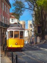 Yellow 28 tram in Alfama, Lisbon, Portugal Royalty Free Stock Photo