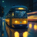 Yellow tram in Berlin on a rainy night with car tracers and street lights, AI generated