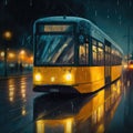 Yellow tram in Berlin on a rainy night with car tracers and street lights, AI generated