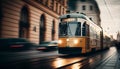 Yellow tram with motion blur effect moves fast in the city. High speed passenger train in motion on railroad Royalty Free Stock Photo