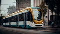 Yellow tram with motion blur effect moves fast in the city. High speed passenger train in motion on railroad Royalty Free Stock Photo