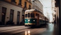 Yellow tram with motion blur effect moves fast in the city. High speed passenger train in motion on railroad Royalty Free Stock Photo