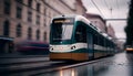 Yellow tram with motion blur effect moves fast in the city. High speed passenger train in motion on railroad Royalty Free Stock Photo