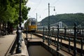 Yellow tram near Chain bridge in Budapest Royalty Free Stock Photo