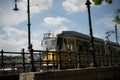 Yellow tram near Chain bridge in Budapest Royalty Free Stock Photo