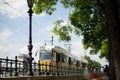 Yellow tram near Chain bridge in Budapest Royalty Free Stock Photo