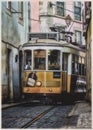 Yellow tram number 28 on the streets of Lisbon, Portugal