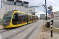 Yellow tram street car of U-OV as part of the Uithoflijn