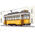 Yellow tram trolley in Lisbon, Portugal. Line drawing sketch