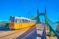 The yellow trams on the green Liberty Bridge, Budapest, Hungary