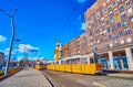 The yellow trams on Karoly Street, Budapest, Hungary