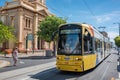 Yellow tramway on the streets of Glenelg town