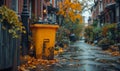 Yellow trash can is surrounded by autumn leaves on wet street Royalty Free Stock Photo