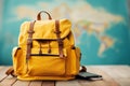 Yellow travel backpack in front of world map. Holiday vacation concept background photo. Journey hiking tourism outdoor Royalty Free Stock Photo