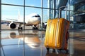 A yellow travel suitcase stands near the airport window against the background of passenger planes. Generated by AI