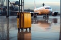 A yellow travel suitcase stands near the airport window against the background of passenger planes. Generated by AI