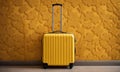 Yellow travel suitcase on wall background