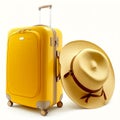 Yellow traveling suitcase. Summer time travel bag and straw hat isolated on white. Generative AI Royalty Free Stock Photo