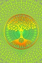 The yellow tree of life in a circle on a green openwork background. Spiritual, mystical and ecological symbol.