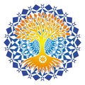 The yellow tree of life in a circle on a mandal blue tracery background. Spiritual, mystical and ecological symbol.