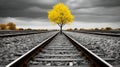 a yellow tree stands alone on a train track