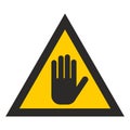 Yellow triangle, palm of hand, sign stop. Warning danger Royalty Free Stock Photo