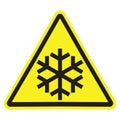Yellow triangle warning sign with black snowflake isolated