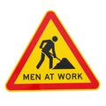 Yellow Triangular Road Sign Warning of Men at Work with Red Border and White Background Royalty Free Stock Photo