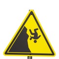 Yellow triangular sign with a man falling from a cliff on a white background