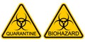 Yellow triangular sign warning quarantine SARS COVID 19 coronavirus, vector danger biohazard pneumonia protection symbol