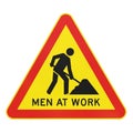 Yellow Triangular Warning Sign with Black Silhouette of Man Digging and Text Men At Work Royalty Free Stock Photo