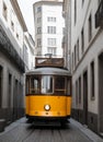 a yellow trolley car is driving down a street.