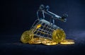 Yellow trolley overturn on stack of golden bitcoin, Bitcoin fall out fron trolley with black background. Royalty Free Stock Photo