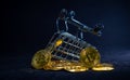 Yellow trolley overturn on stack of golden bitcoin, Bitcoin fall out fron trolley with black background, Focus on bitcoin in front Royalty Free Stock Photo