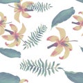 Yellow Tropical Vintage. White Seamless Vintage. Organic Pattern Background. Natural Floral Textile. Green Wallpaper Painting. Royalty Free Stock Photo