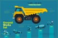 Yellow truck. Blue infographic set, ground works blue machines vehicles. Royalty Free Stock Photo