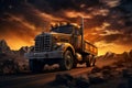 Yellow truck driving down dirt road under cloudy sky. Generative AI Royalty Free Stock Photo