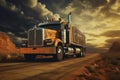 Yellow truck driving down dirt road under cloudy sky. Generative AI Royalty Free Stock Photo