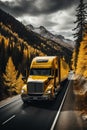 Yellow truck driving through enchanting autumn forest along a serene winding road