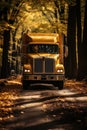 Yellow truck driving through stunning autumn forest landscape with vibrant fall colors Royalty Free Stock Photo