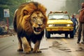 Yellow Truck Encounters Lion on Urban Road - AI Generative