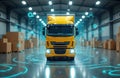 Yellow truck inside warehouse. Augmented reality system delivery tracking package management. Smart warehouse logistic, supply Royalty Free Stock Photo